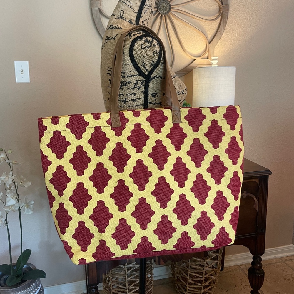 Mud Pie Stylish Maroon and Yellow Jute Tote Bag